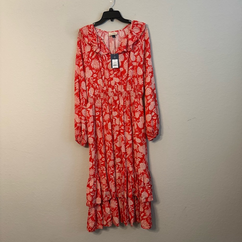 NWT Universal Thread Floral L/S Maxi Dress Boho Red Ruffles Medium Comfort